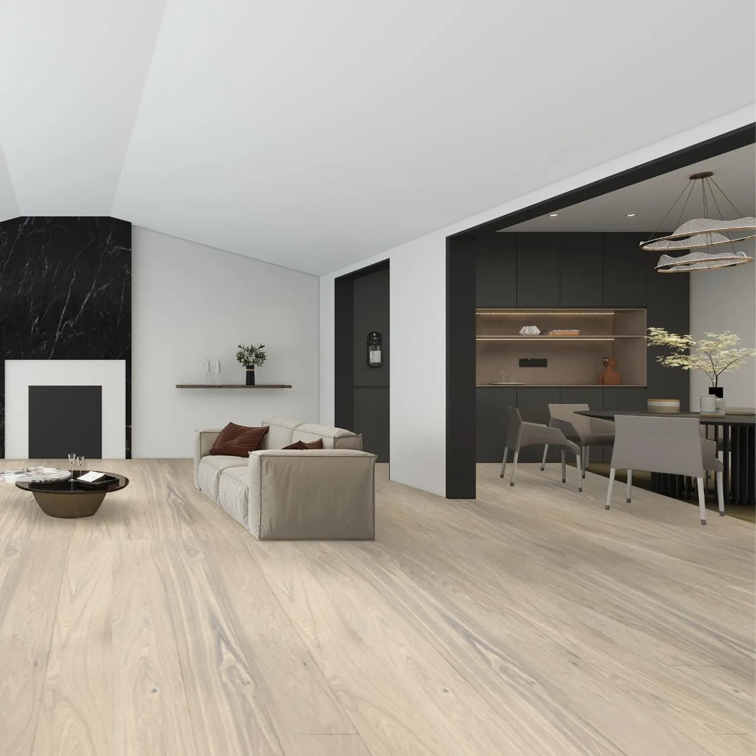 American White Oak Pearl thin veneer engineered hardwood flooring — shown in a styled interior