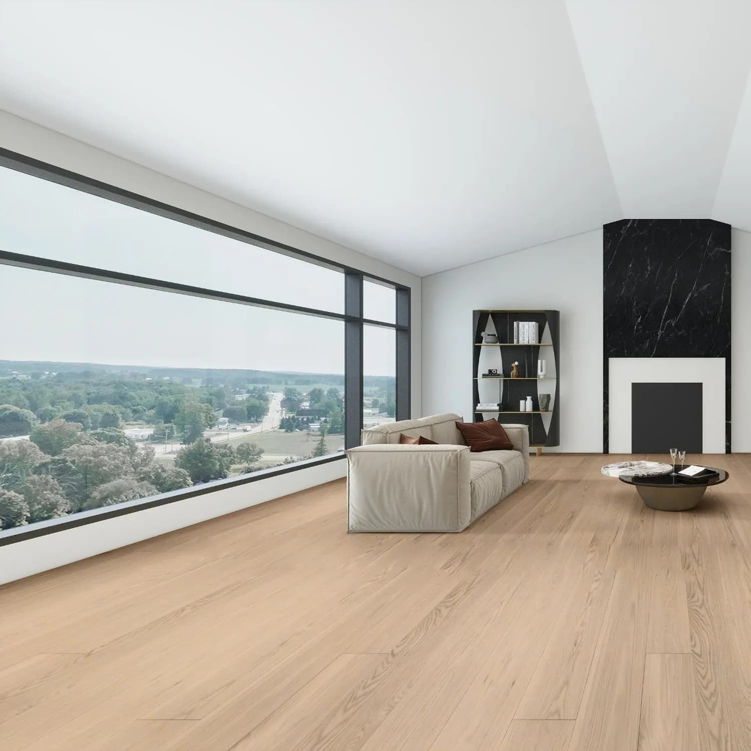 American White Oak engineered hardwood flooring in a bright open living room