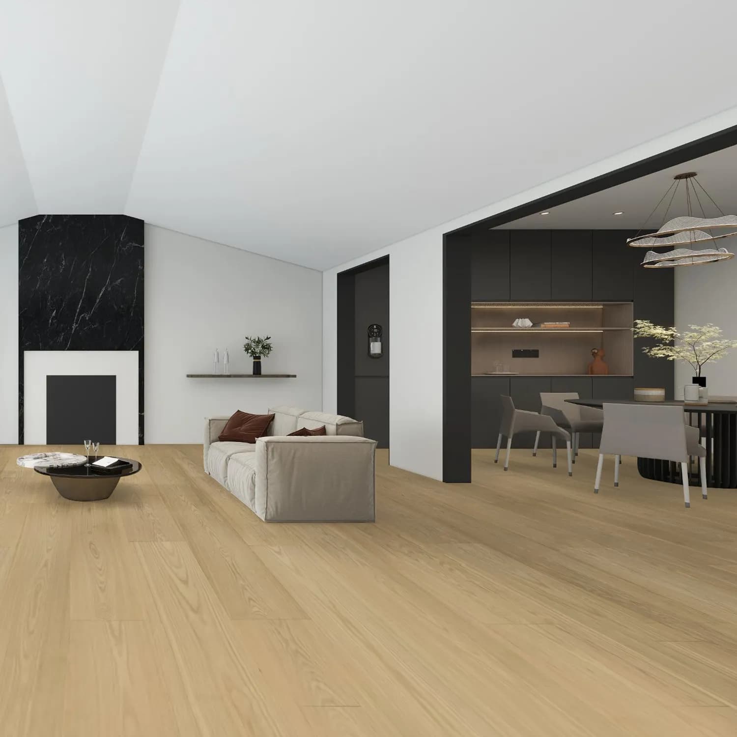 Wisconsin Black Ash Day Break thick veneer engineered hardwood flooring — shown in a styled interior